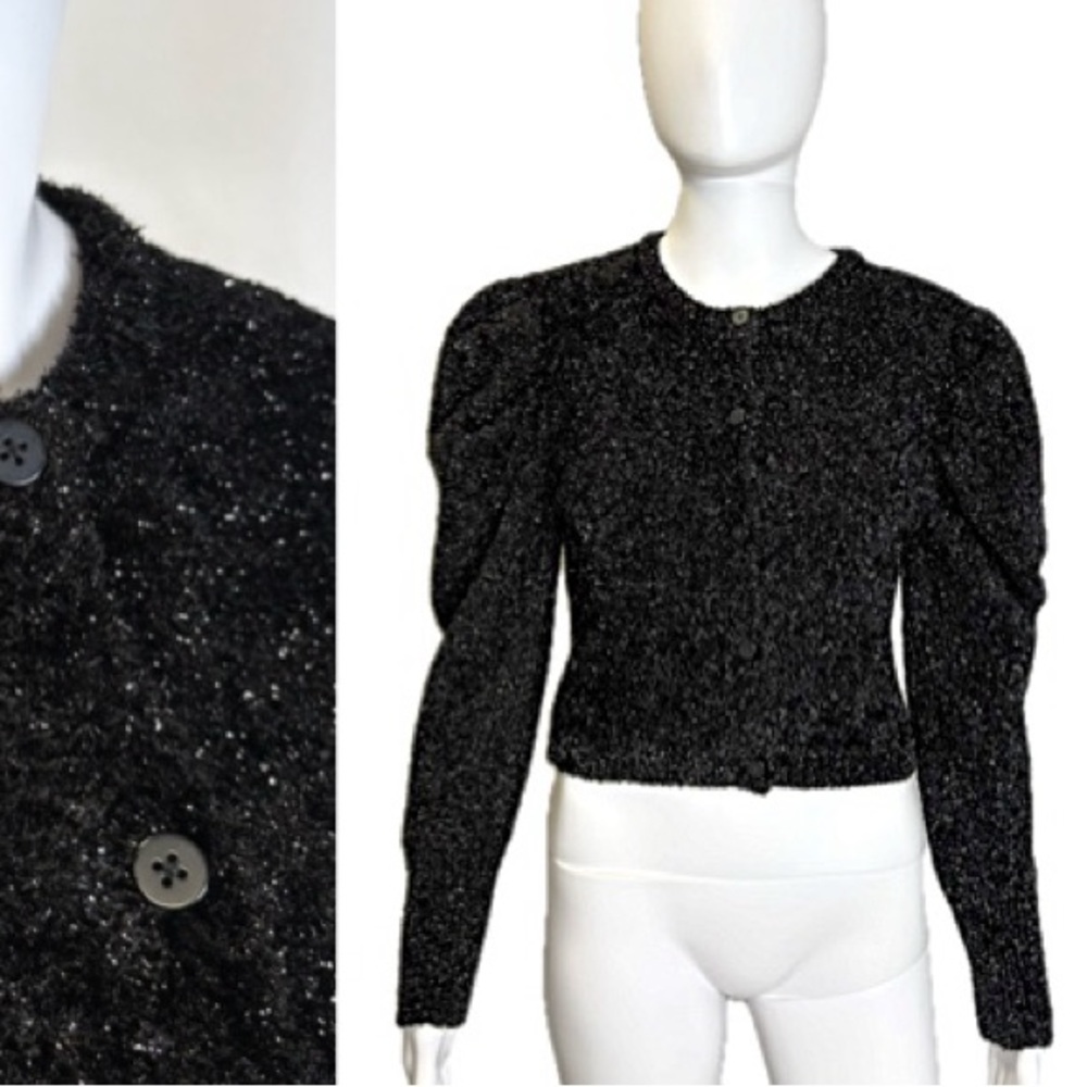 Zara Knit Black Puff Sleeve Metallic Thread Button Crop Cardigan Womens Size M